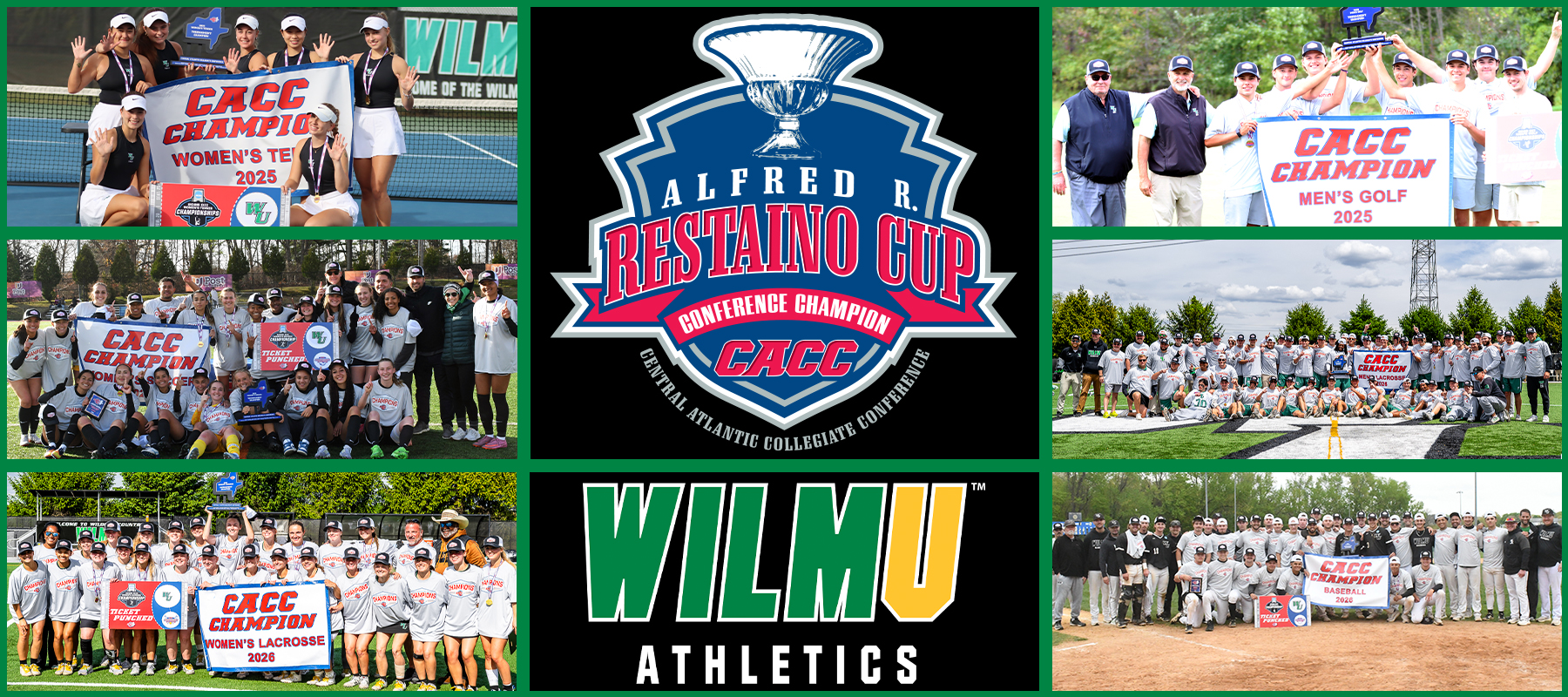 Photos of all six WilmU CACC Tournament Champions from the 2025-26 season.