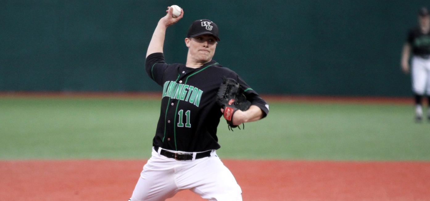 File photo of Tyler Campbell pitching in Myrtle Beach in 2019. Copyright 2019; Wilmington University. All rights reserved. Photo by Dan Lauletta. February 22, 2019 vs. New Haven at Myrtle Beach, S.C.