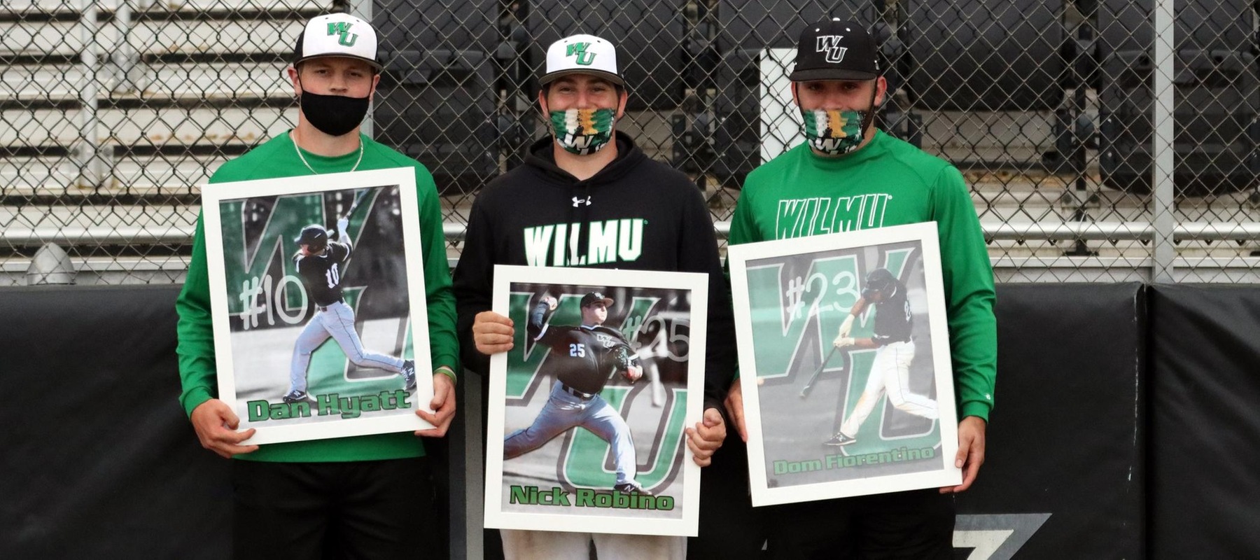 Photo of the baseball's team's three seniors, Dan Hyatt (left), Nick Robino (center), and Dominic Fiorentino (right). Copyright 2021; Wilmington University. All rights reserved. Photo by Dan Lauletta. May 3, 2020 vs. Chestnut Hill.