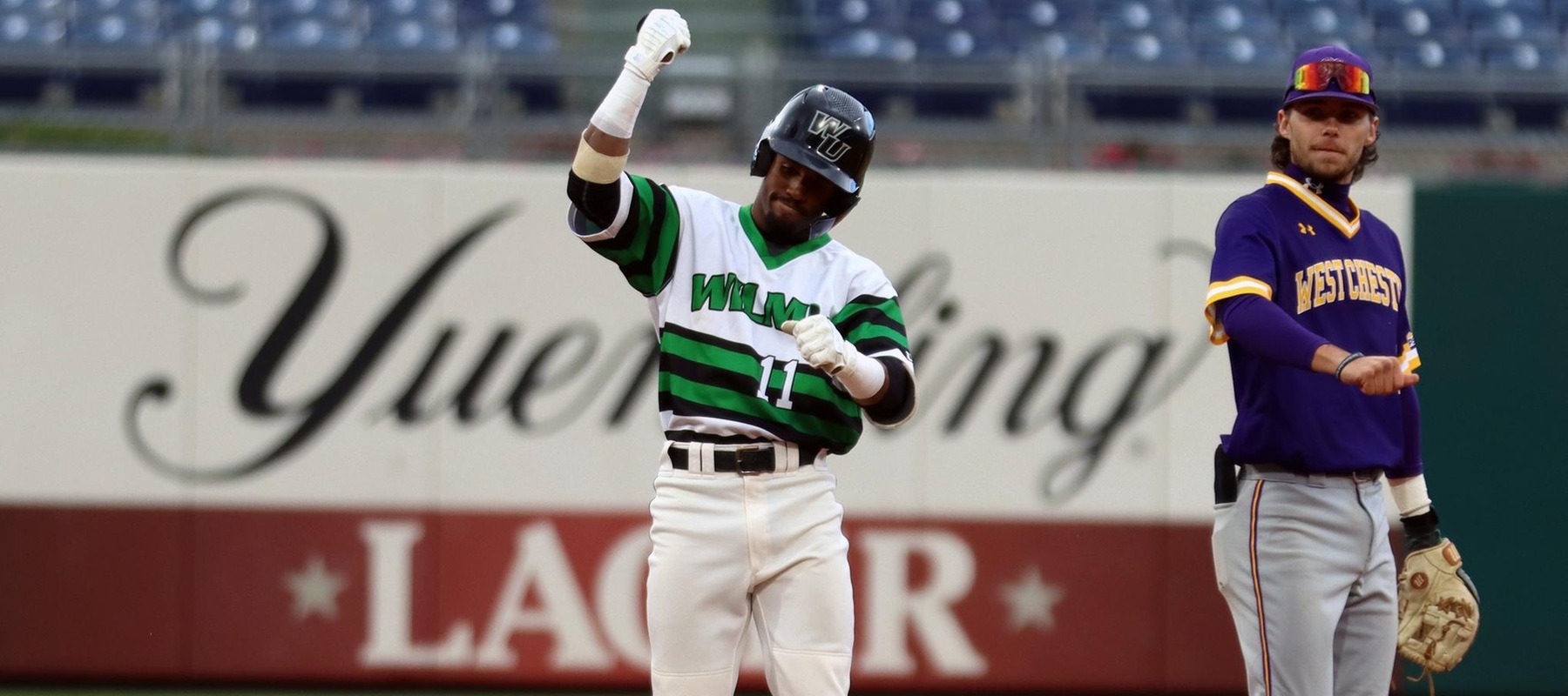 File photo of Nic Hertzfeld who hit the two-run single in the bottom of the sixth to give the Wildcats the lead in game two against Sioux Falls. Copyright 2022; Wilmington University. All rights reserved. Photo by Dan Lauletta. April 19, 2022 vs. West Chester at Citizens Bank Park.