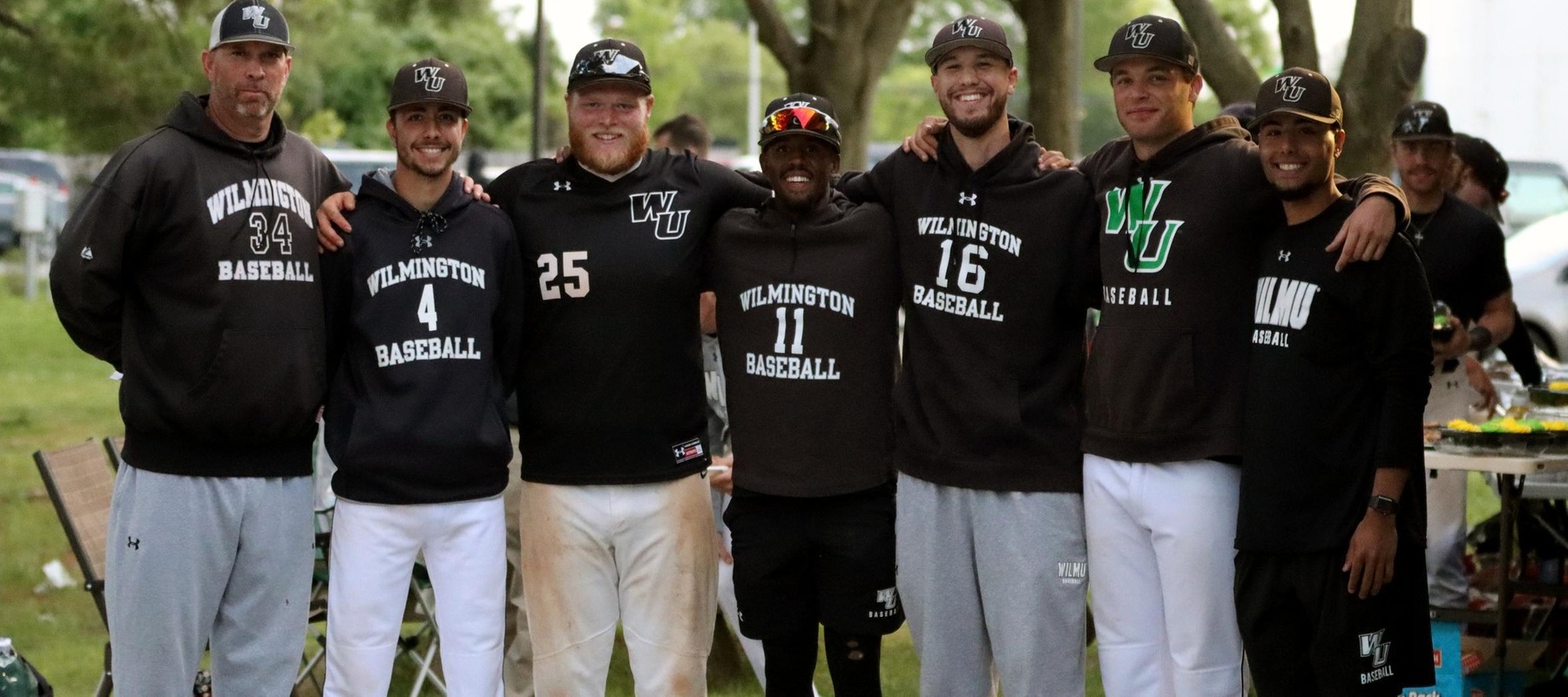 Photo of head coach Brian August and seniors Kyle Maxwell, Eddie Parry, Nic Hertzfeld, Matt Boyko, Rich Albrecht, and Adrian Jimenez. Copyright 2023; Wilmington University. All rights reserved. Photo by Dan Lauletta. April 23, 2023 vs. Felician.