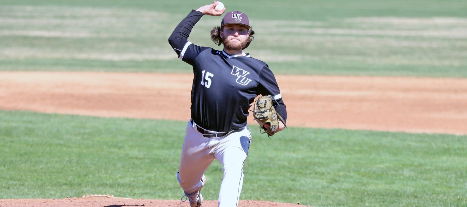 Photo of Scott Borgmann who threw 7 strong innings in game one against Bridgeport on Tuesday with 7 strikeouts. Copyright 2025; Wilmington University. All rights reserved. Photo by Dan Lauletta. March 18, 2025 vs. Bridgeport.