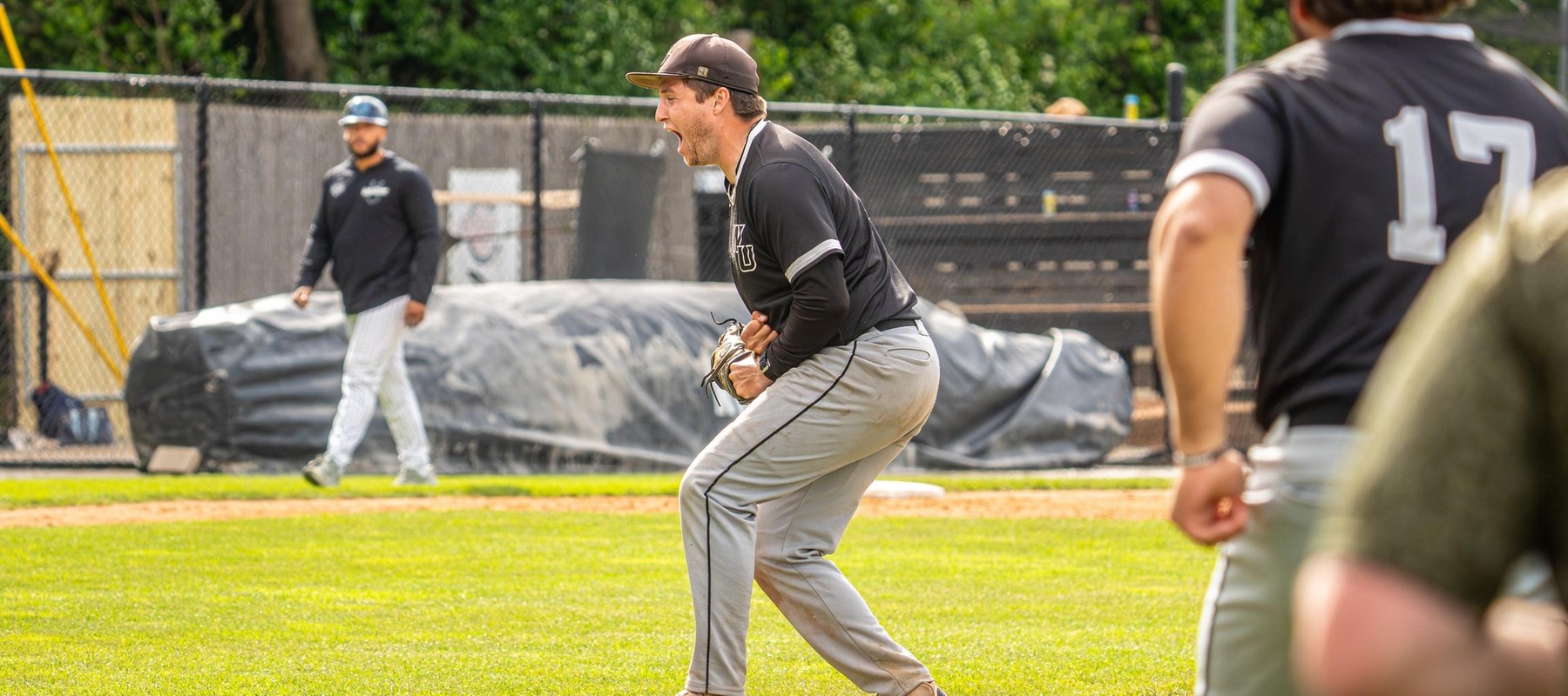 Photo of Scott Borgmann after recording the final out in the 5-2 victory over Jefferson. Copyright 2025; Wilmington University. All rights reserved. Photo by Giovanni Badalamenti. May 9, 2025 vs. Jefferson in CACC Tournament.