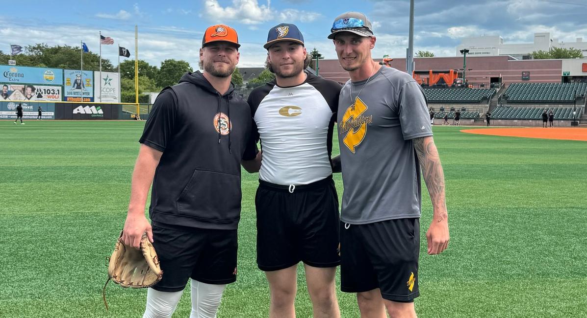 Photo of Ryan Sandberg (left), Scott Borgmann (center), and Joe Harris (right), prior to a game between the York Revolution and Long Island Ducks.