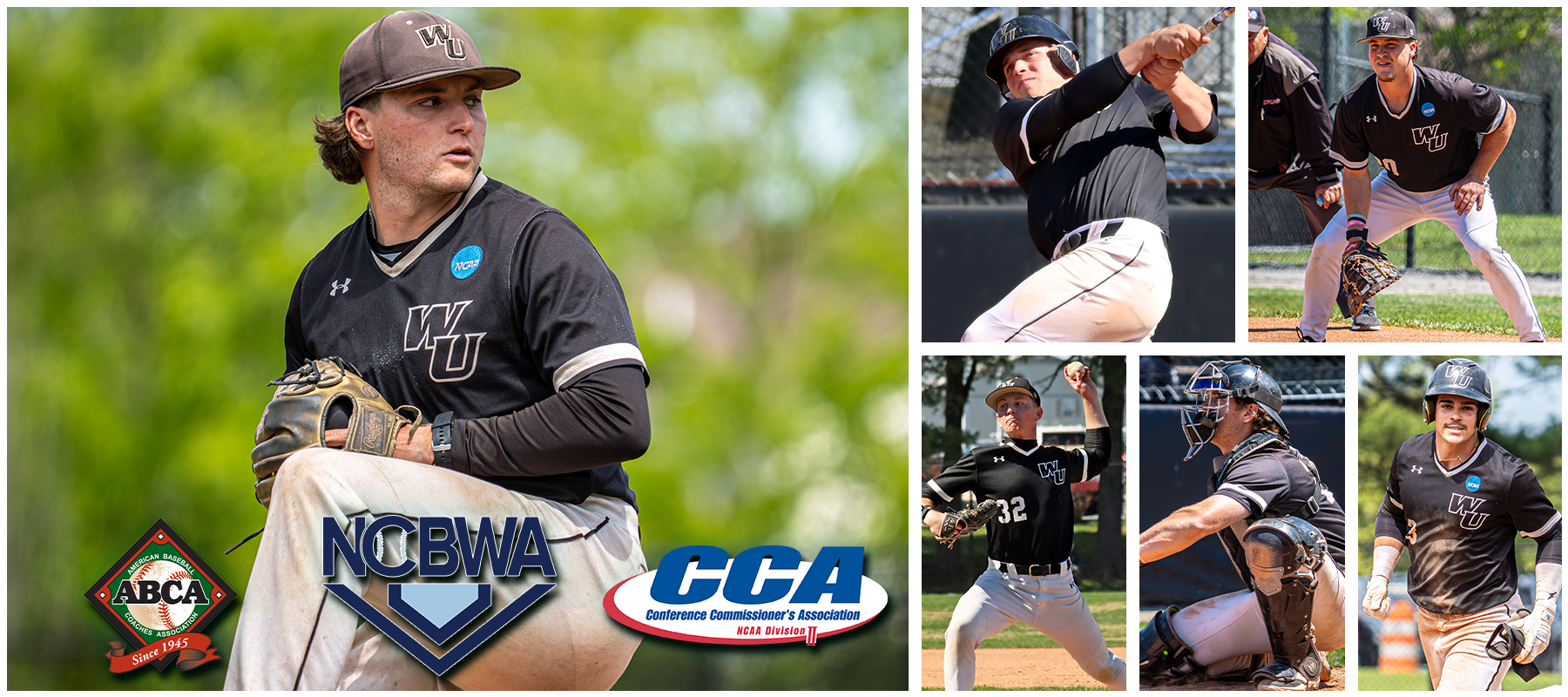Photos of baseball's All-Region selections. From left to right: Scott Borgmann, Tyler Pirrung, Chase Fleming, Dylan Potero, Brett Walmsley, and Cam Trego.