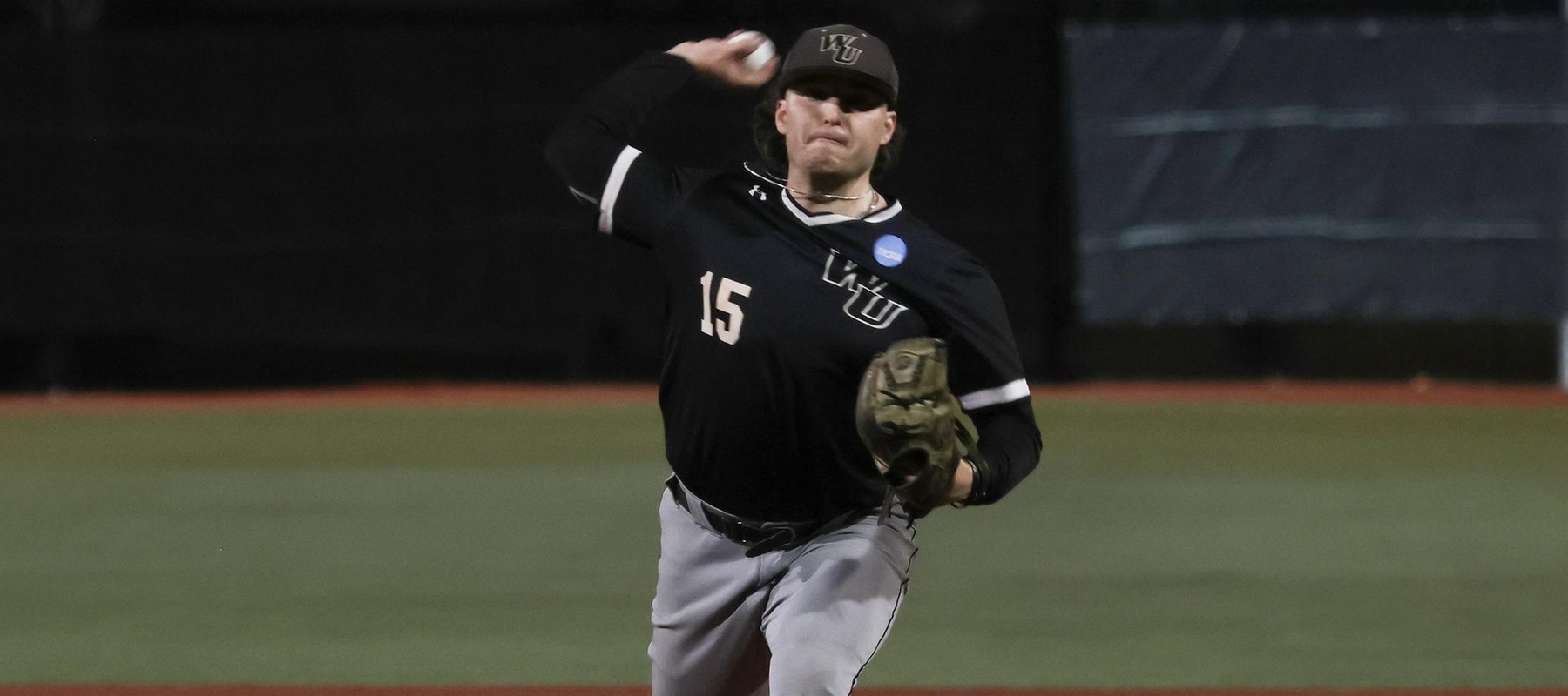 File photo of Scott Borgmann who struck out 10 in 6.1 innings of relief in a win over Minnesota Crookston. Copyright 2026; Wilmington University. All rights reserved. Photo by Trudy Spence. February 20, 2026 vs. Franklin Pierce in Myrtle Beach.