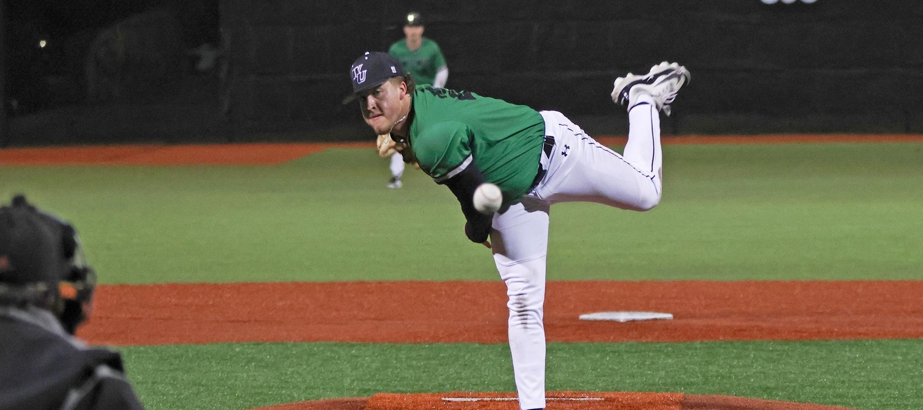 File photo of Chase Fleming who earned the win with 5.2 scoreless innings against Chestnut Hill. Copyright 2026; Wilmington University. All rights reserved. Photo by Trudy Spence. February 22, 2026 vs. D'Youville in Myrtle Beach, S.C.