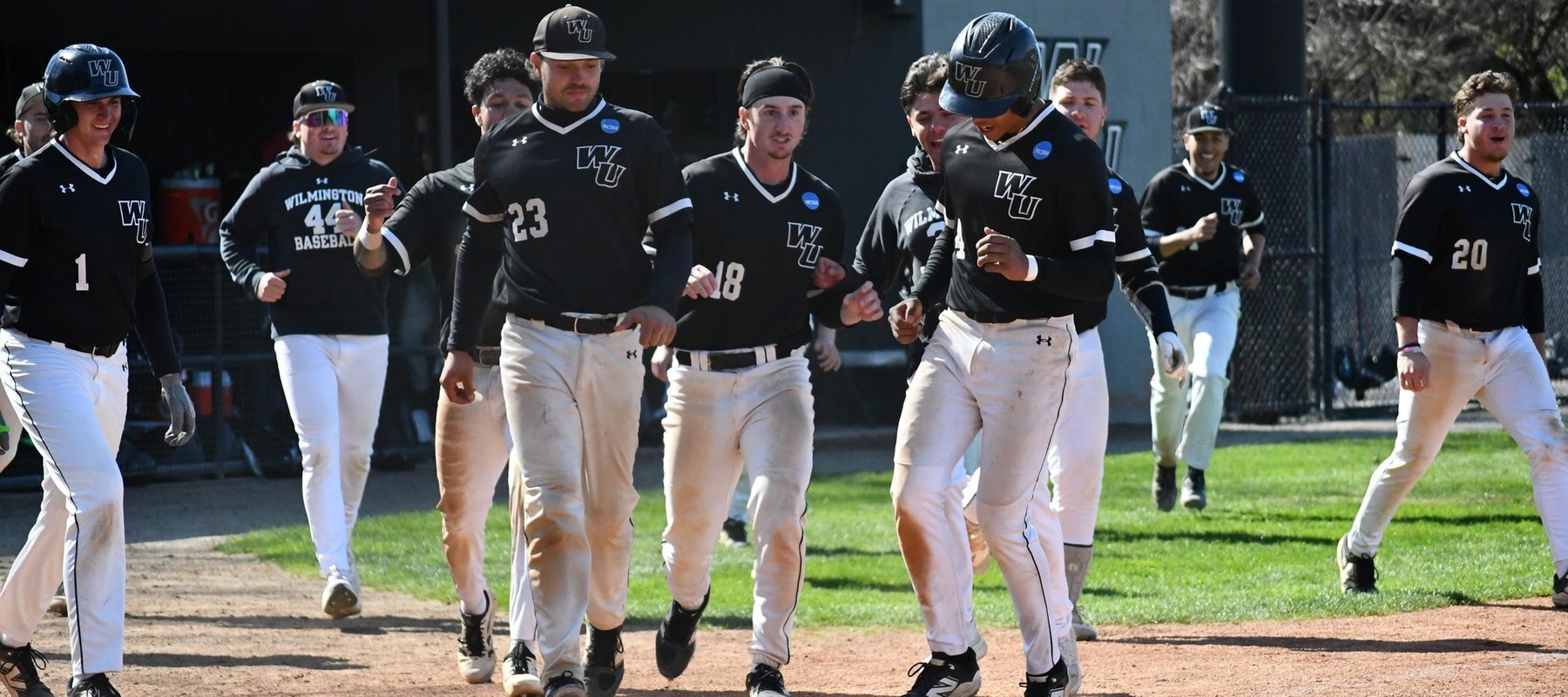 Photo of D'Angelo Ponce (4) scoring the winning win on the Garrett Quinn walk. Copyright 2026; Wilmington University. All rights reserved. Photo by Alea Javorowsky. March 29, 2026 vs. Felician.