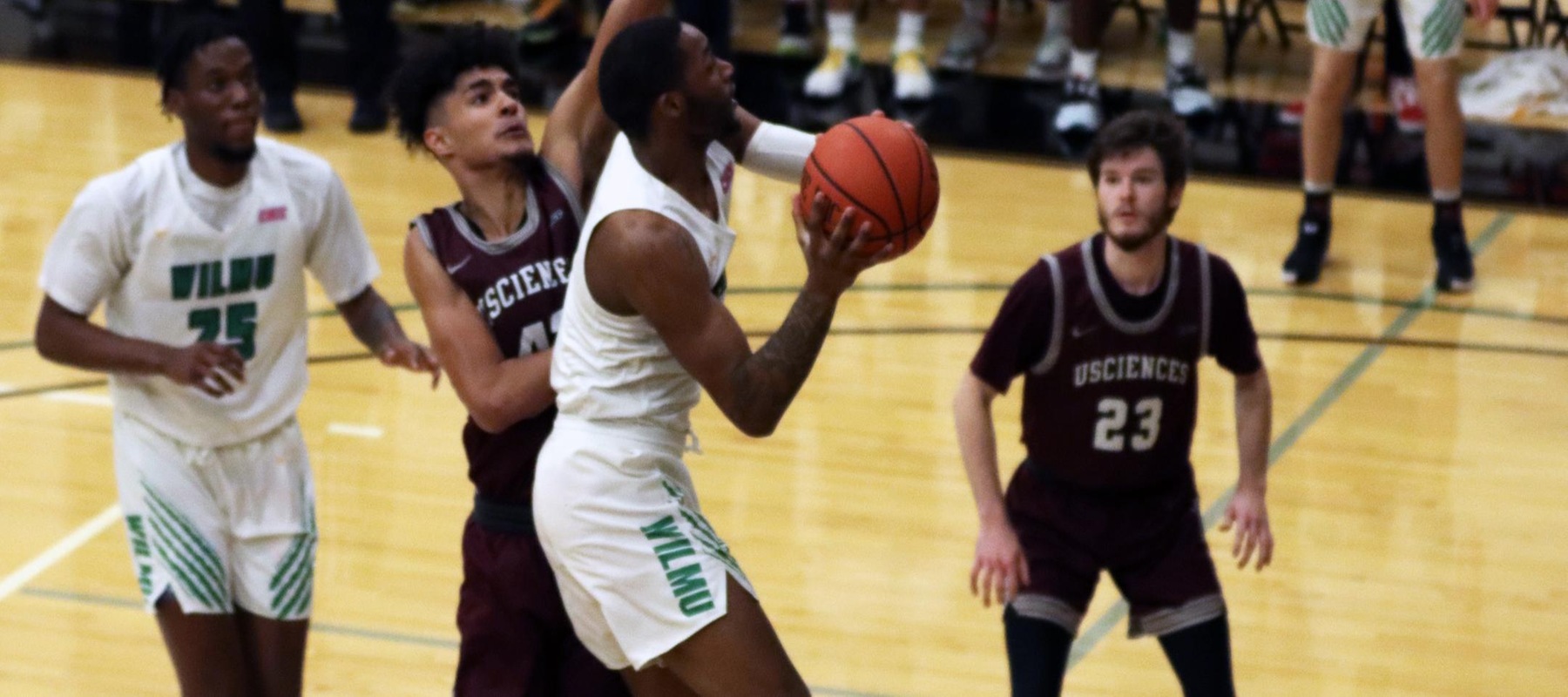 Photo of Randy Rickards who scored 22 points with eight rebounds against the Devils. Copyright 2022; Wilmington University. All rights reserved. Photo by Dan Lauletta. February 9, 2022 vs. USciences.