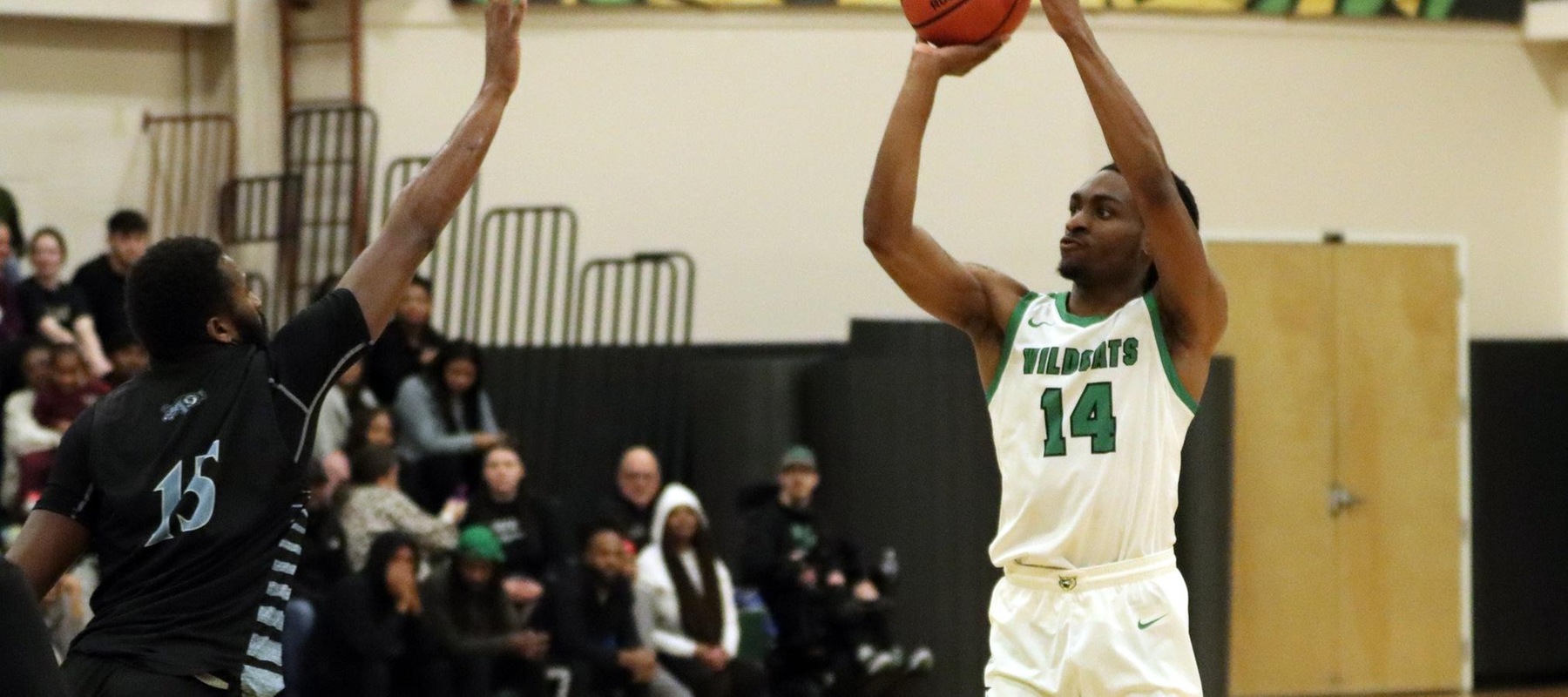 Photo of Justin Thomas who led the Wildcats with 15 points, hitting three three-pointer against Holy Family. Copyright 2023; Wilmington University. All rights reserved. Photo by Dan Lauletta. January 4, 2023 vs. Holy Family.