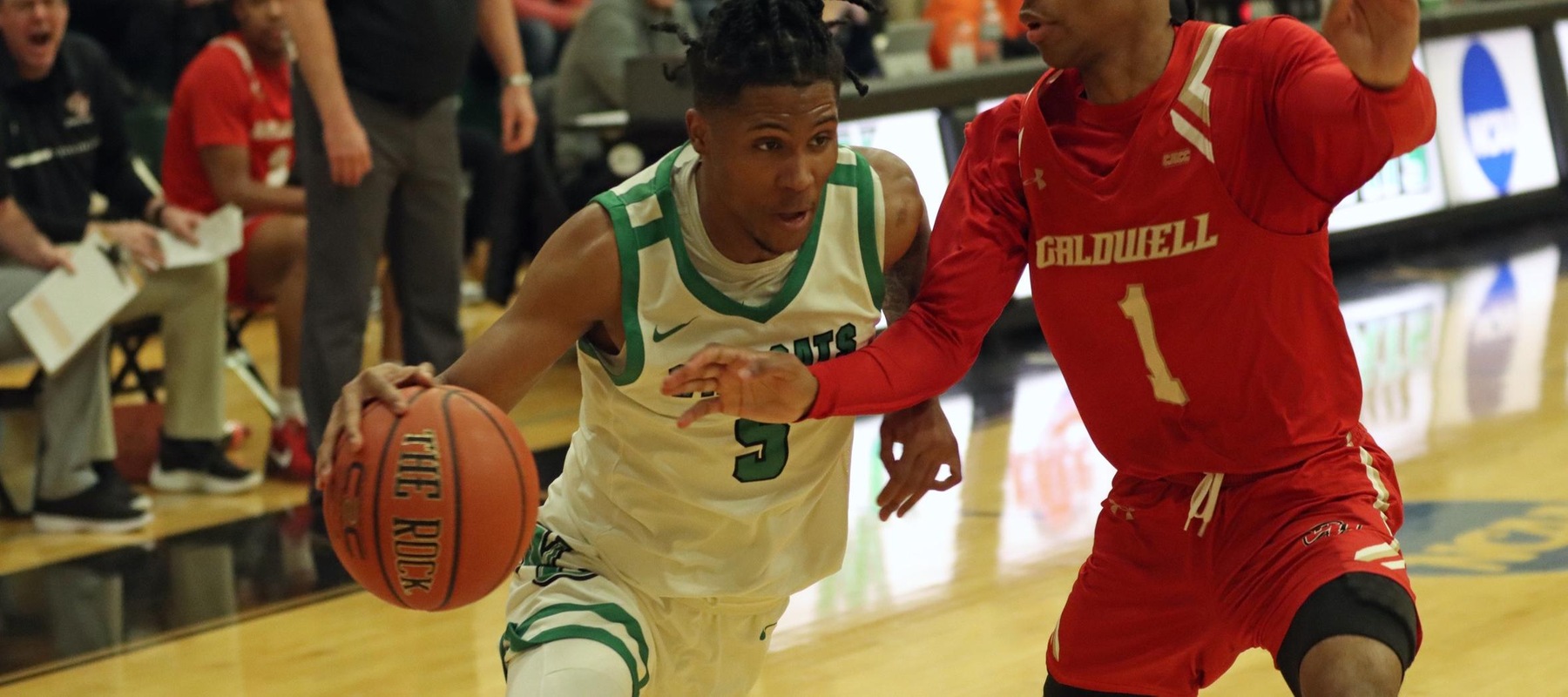 Photo of Marcus Pierce who came off the bench to score 15 points with 5 assists and 3 rebounds against Caldwell. Copyright 2024; Wilmington University. All rights reserved. Photo by Dan Lauletta. January 6, 2024 vs. Caldwell.