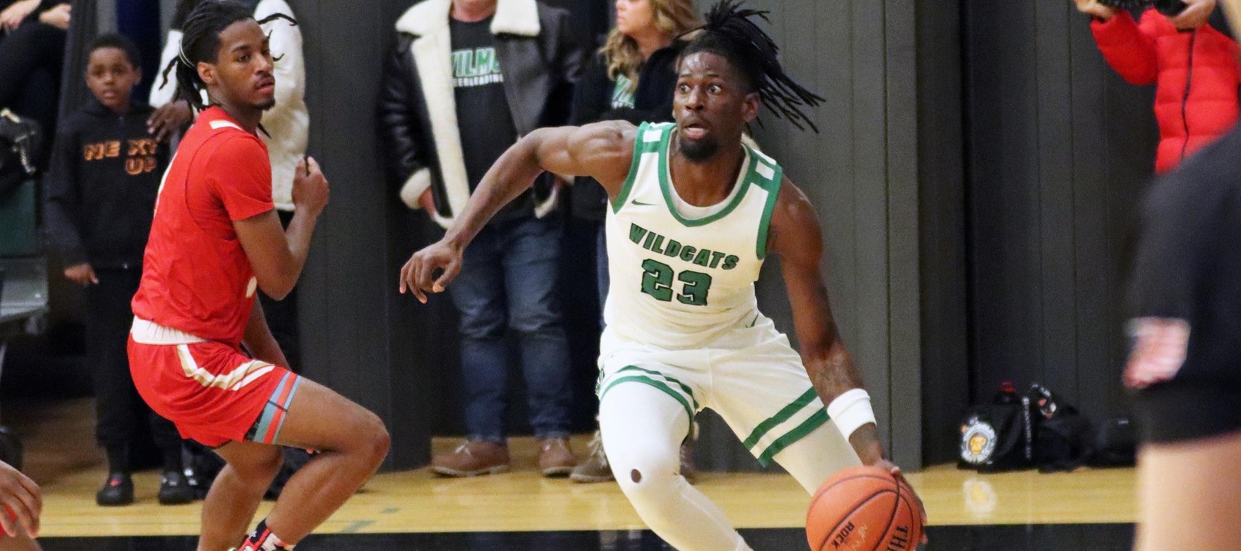 File photo of Amiri Stewart who led the Wildcats with 20 points at Georgian Court. Copyright 2024; Wilmington University. All rights reserved. Photo by Dan Lauletta. January 6, 2024 vs. Caldwell.