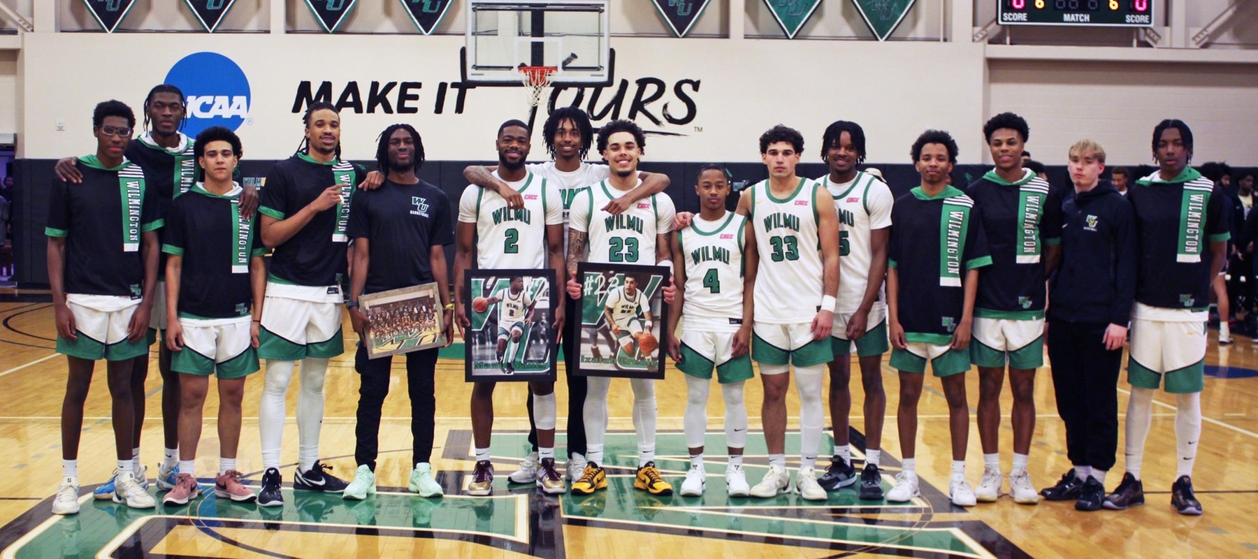 Photo of the team surrounding the seniors Manir Waller, Izaiah Credle, and Jeremy Kenner prior to the game against Goldey-Beacom. Copyright 2025; Wilmington University. All rights reserved. Photo by Dan Lauletta. March 1, 2025.