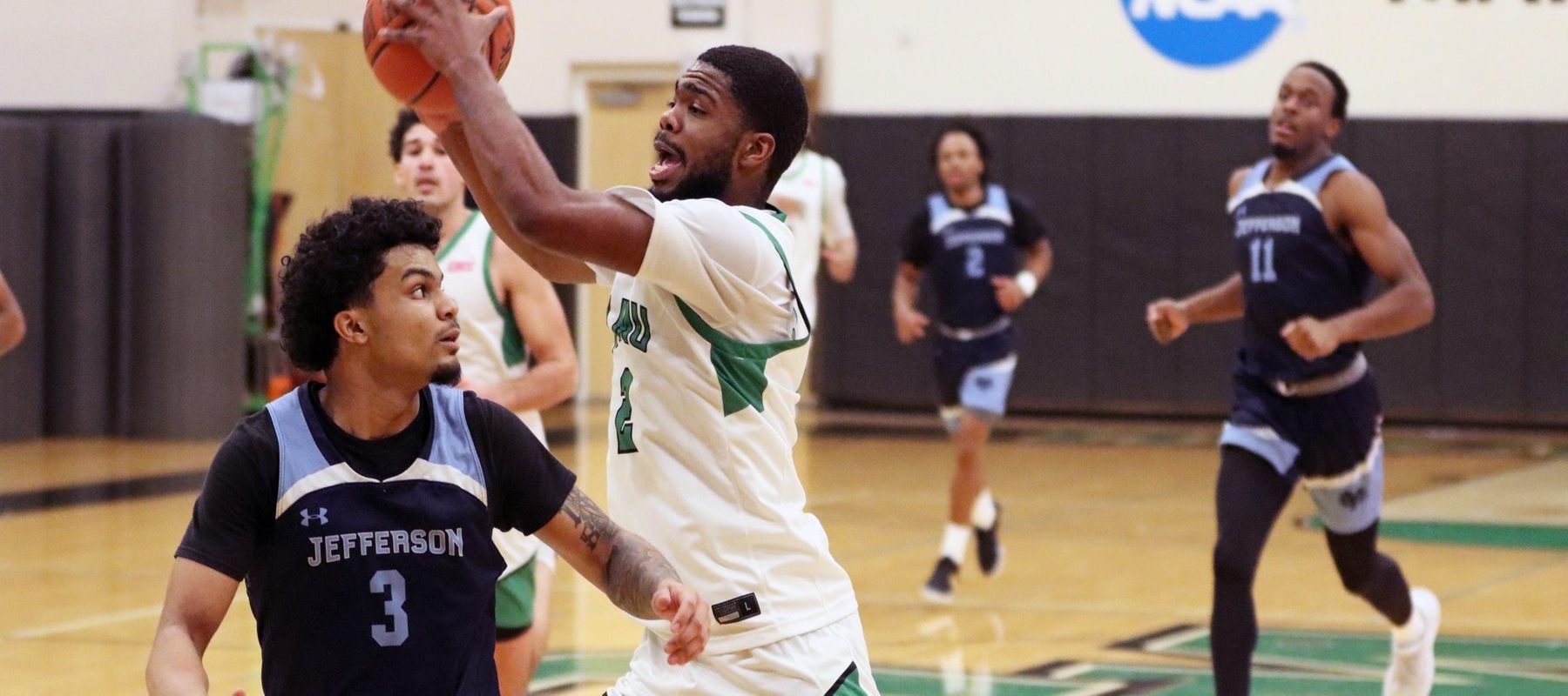 Photo of Manir Waller who scored 15 points while adding a team-high eight rebounds, five assists, and three steals against Jefferson. Copyright 2025; Wilmington University. All rights reserved. Photo by Dan Lauletta. January 14, 2025 vs. Jefferson.