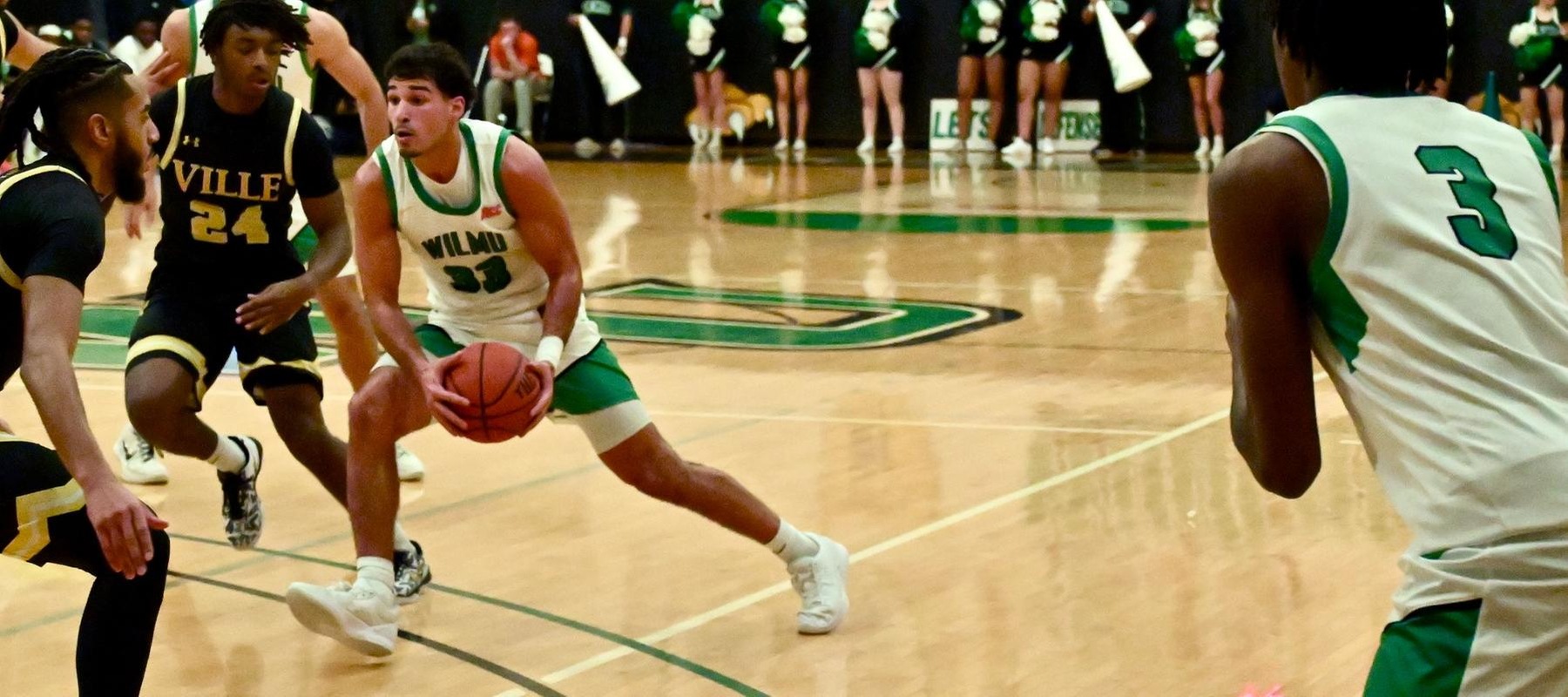 File photo of Justin Perez who had 12 points at Bridgeport. Copyright 2025; Wilmington University. All rights reserved. Photo by Joe Maciey. November 19, 2025 vs. Millersville.