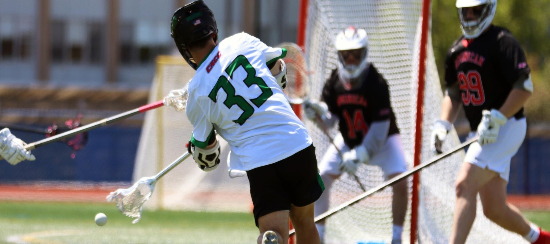 Photo of Giovanni Marino scoring one of his nine goals against Dominican in the CACC Tournament Semifinal on Thursday. Copyright 2022; Wilmington University. All rights reserved. Photo by Dan Lauletta. April 28, 2022 vs. Dominican.
