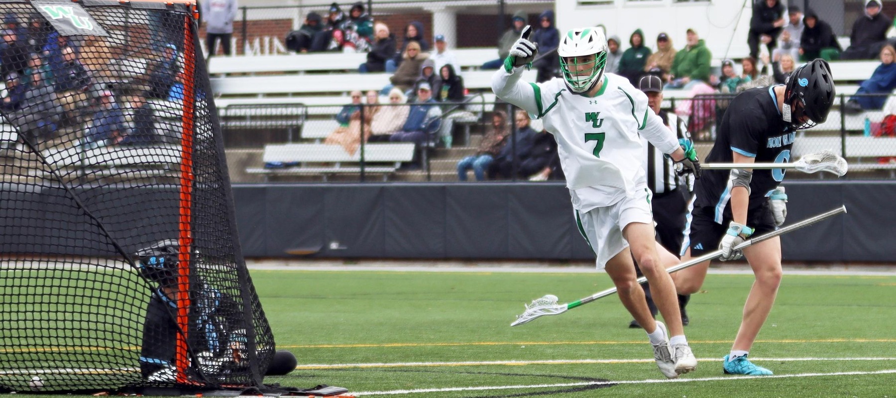 File photo of Carter Earl who had two goals and three assists against Post. Copyright 2025; Wilmington University. All rights reserved. Photo by Dan Lauletta. April 2, 2025 vs. Holy Family.