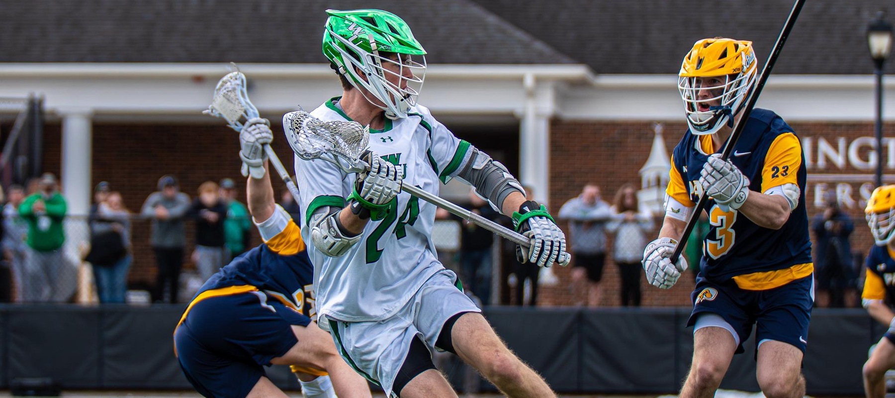 Photo of Toby Templeton who led the offense with three goals against #6 Pace. Copyright 2025; Wilmington University. All rights reserved. Photo by Giovanni Badalamenti. March 1, 2025 vs. Pace.