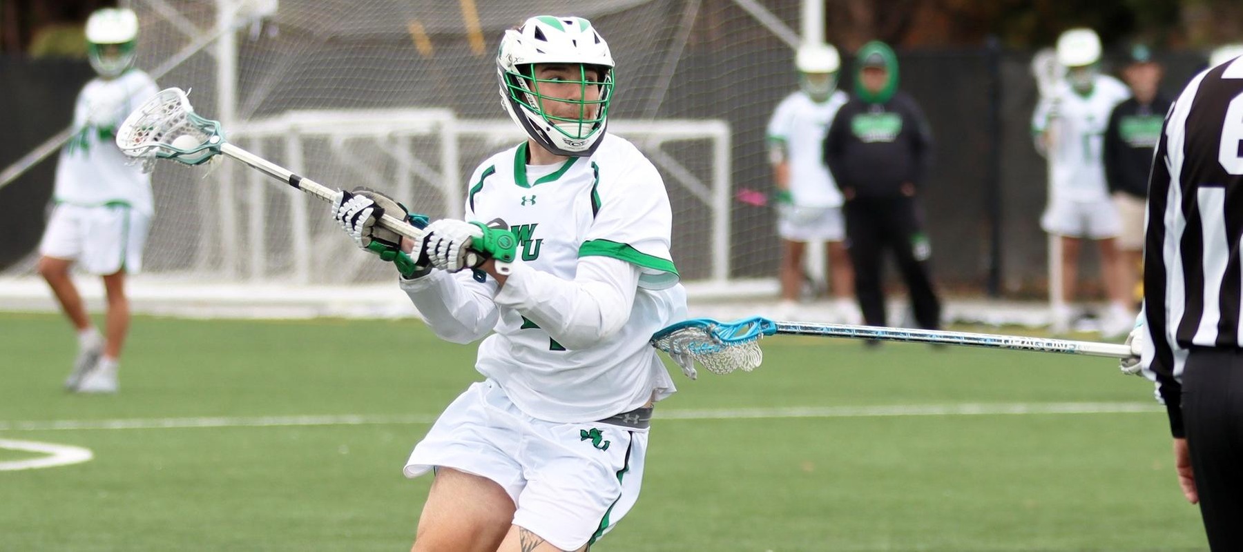 File photo of Andrew Dzubak who scored four goals and four assists at Georgian Court. Copyright 2025; Wilmington University. All rights reserved. Photo by Dan Lauletta. April 2, 2025 vs. Holy Family.