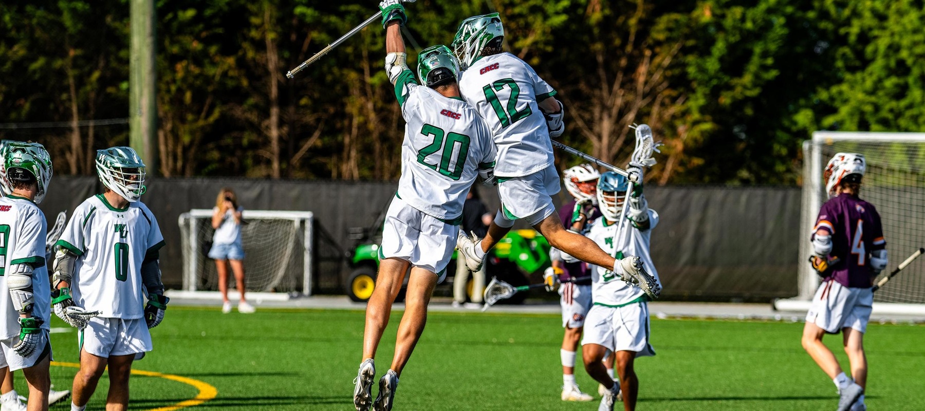 Wilmington University&rsquo;s Cole Hamberger (20) celebrates his second goal of the game with Layton Avant (12). Copyright 2025; Wilmington University. All rights reserved. Photo by Dave Reeder. April 30, 2025 vs. Post in CACC Tournament Semifinal.