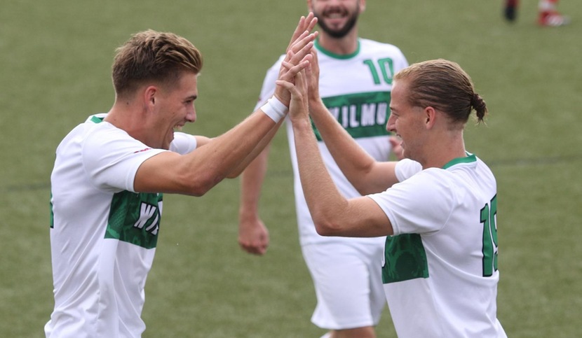 Copyright 2017; Wilmington University. All rights reserved. Photo following Lorne Bickley's goal from Fredrik Bentdal against Post, by Frank Stallworth.
