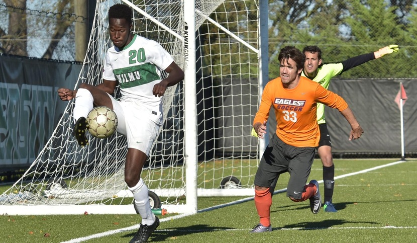 Copyright 2017; Wilmington University. All rights reserved. Photo of Abdul Mansaray against Post, taken by James Jones.