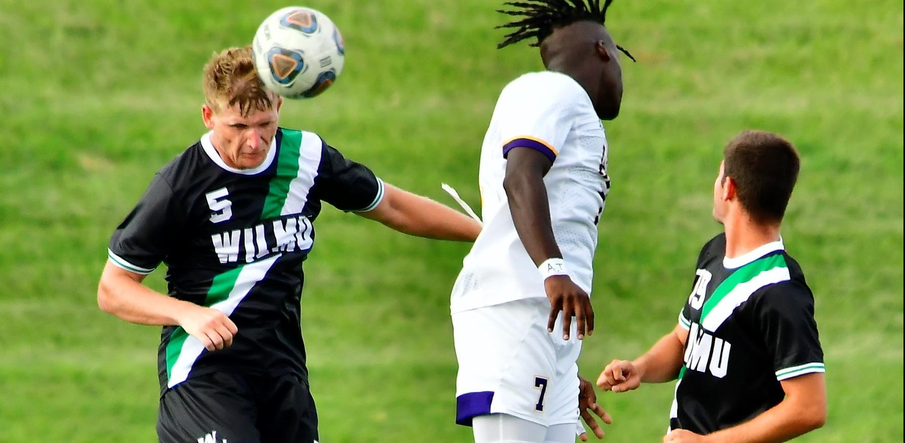 File photo of Carson Talboys who headed home a corner to tie the match at SNHU. Copyright 2021; Wilmington University. All rights reserved. Photo by James Jones at West Chester. September 8, 2021.