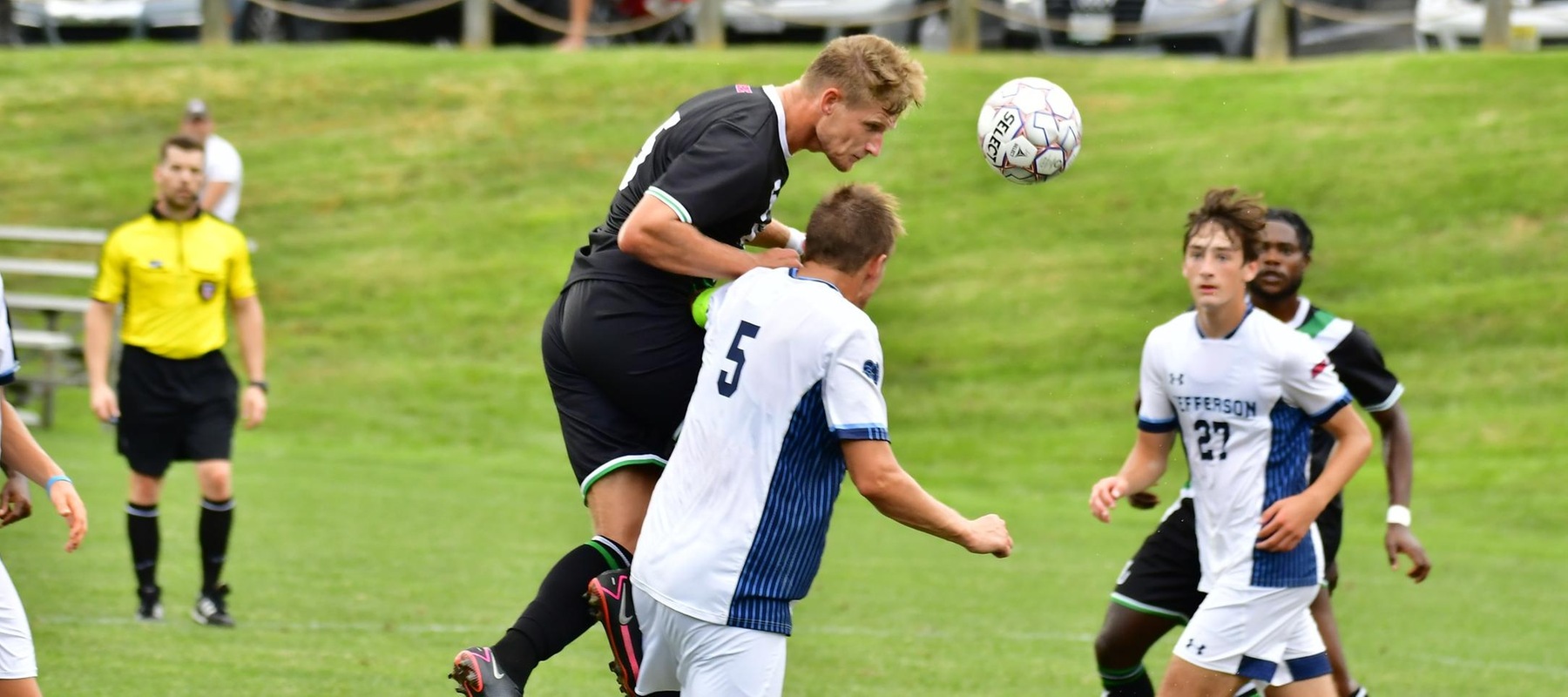 Carson Talboys scores his first goal of the game off a corner from Richard Thompson. Copyright 2021; Wilmington University. All rights reserved. Photo by James Jones. September 21 at Jefferson.