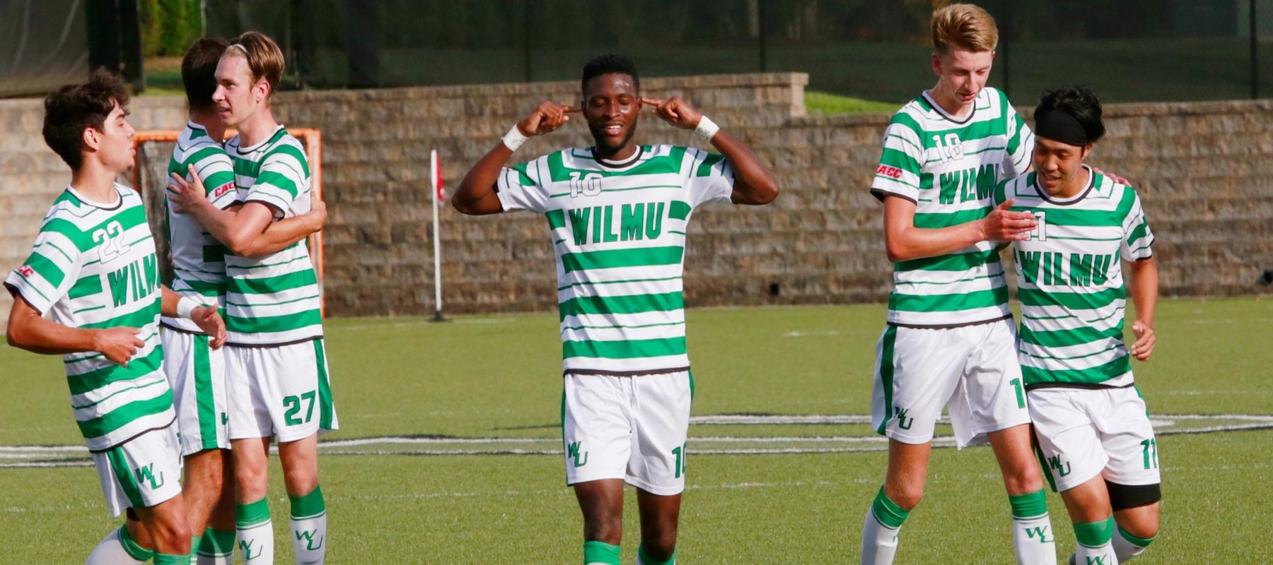 Wilmington University Player: Shawn Genus (10) and teammates celebrating a goal while playing Bloomfield during their NCAA Men?s soccer match at the Wilmington University sports facility in Newark, Delaware, September 25, 2021
Chris Rifon Photo