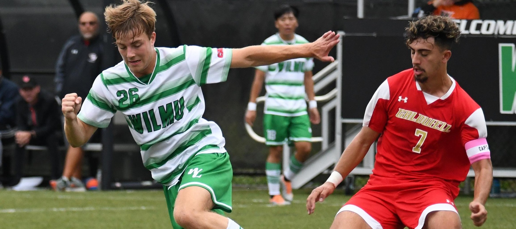 File photo of Malthe Hannesbo who scored twice on Saturday against Dominican. Wilmington University&rsquo;s Malthe Hannesbo(26) controls the ball while Caldwell University&rsquo;s Andre Vieira(7) pursues during their NCAA Mens soccer match at the Wilmington University Sports complex in Newark, Delaware, September 11, 2022. Photo By Elizabeth Birckhead.