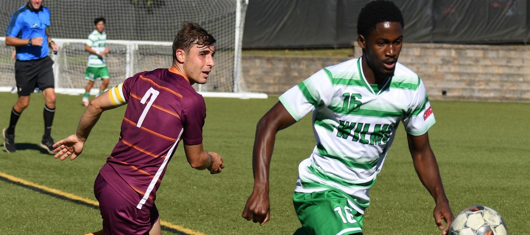 File photo of Tajhay Williams who scored at Bridgeport. Wilmington University's Tajhay Williams(16) controls the ball while Post University's Davide Mazza(7) pursues during their NCAA Mens soccer match at the Wilmington University Sports complex in Newark, Delaware, September 24, 2022. Photo By Elizabeth Birckhead.