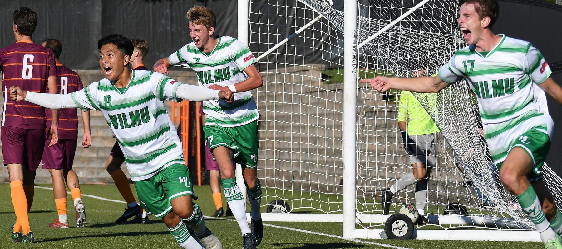 Wilmington University's Yohan Kim (8), Marius Skattum Dahl(7) and Marcus Hedemann(17) celebrate Hedemann'ss goal during their NCAA Mens soccer match at the Wilmington University Sports complex in Newark, Delaware, September 24, 2022. Photo By Elizabeth Birckhead.