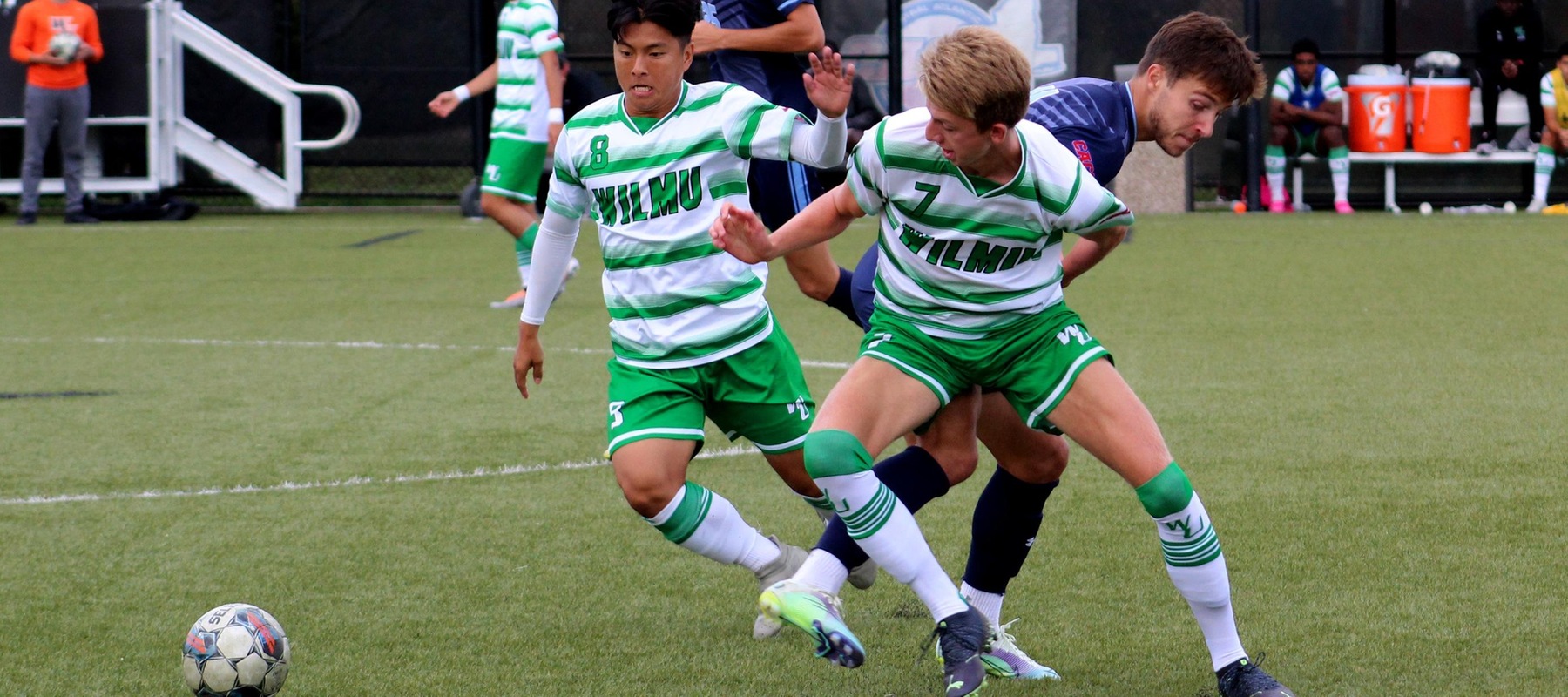 File photo of Yohan Kim (8) who scored the first goal and Marius Skattum Dahl (7) had two assists at Georgian Court. Wilmington University&rsquo;s Yohan Kim (8) and Marius Skattum Dahl (7) get the ball away from Jefferson University  during their Men&rsquo;s NCAA soccer match at the Wilmington University Sports complex in Newark, Delaware, September 28, 2022. Photo By Alexa Coney