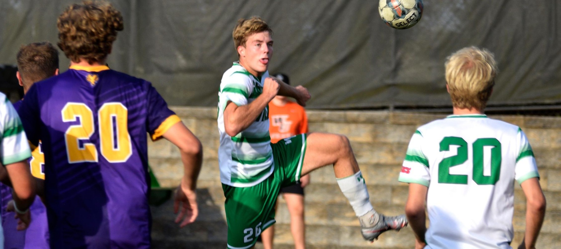 Wilmington University&rsquo;s Malthe Hannesbo(26) kicks and scores the winning goal against West Chester University during their NCAA Mens soccer match at the Wilmington University Sports complex in Newark, Delaware, October 12, 2022. Photo By Amanda Angell