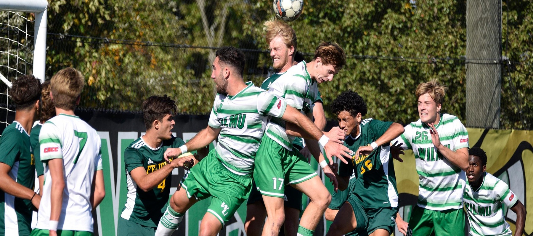 Wilmington University&rsquo;s players battle Felician University players for a header during their NCAA Mens soccer match at the Wilmington University Sports complex in Newark, Delaware, October 15, 2022. Photo By Amanda Angell