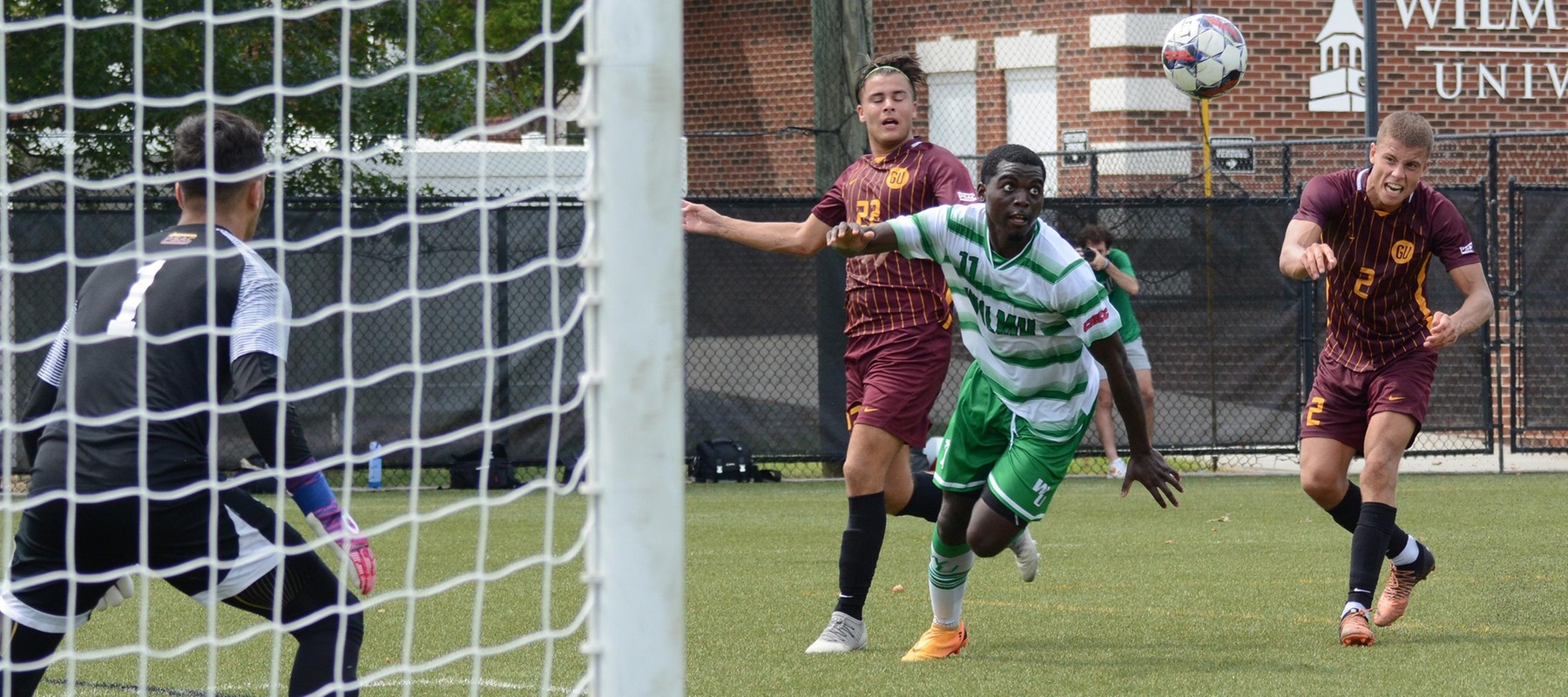 Wilmington University&rsquo;s Troy Paul #11 controls the ball while Gannon University player Lennox Crews #22 pursues during their NCAA Men&rsquo;s soccer match at the Wilmington University Sports complex in Newark, Delaware, September 9, 2023. Photo by Debra Breister.