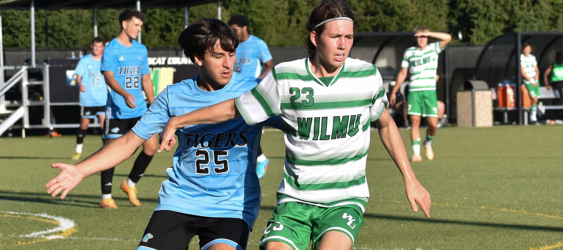 File photo of Caesar Knapp who scored the game-winner at #24 Mercy. Caesar Knapp (#23) takes control of the balld uring their NCAA Men&rsquo;s soccer match at the Wilmington University Sports Complex in Newark, Delaware, October 4, 2023. Photo By Katelyn Hurley