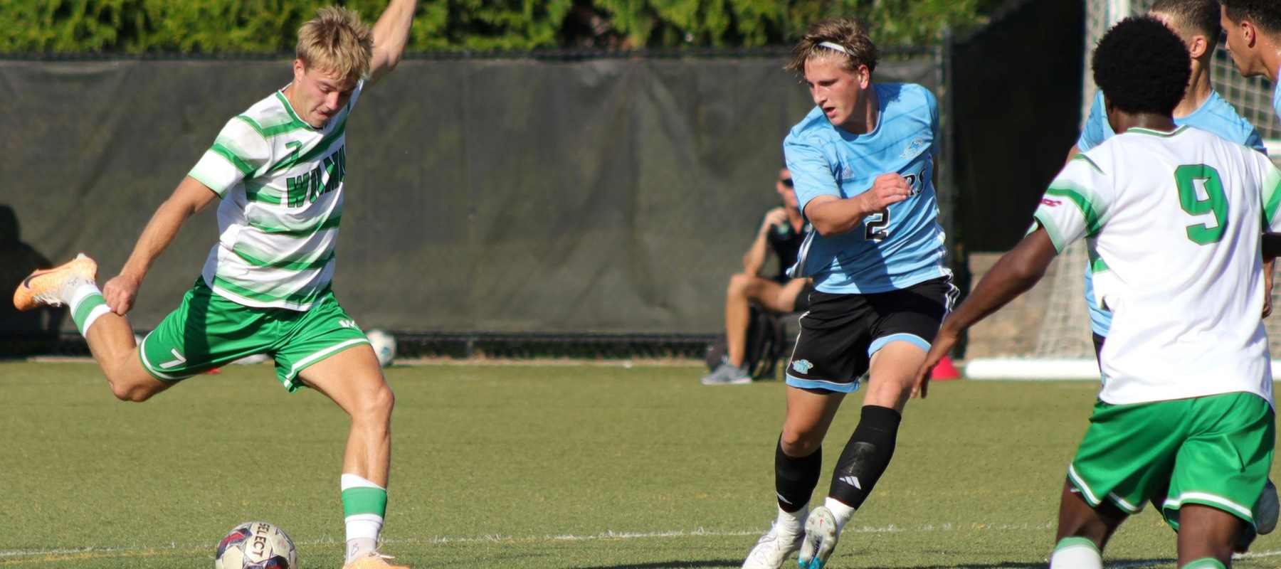 File photo of Malthe Hannesbo who scored 2 goals and 2 assists at Dominican. Wilmington University&rsquo;s Malthe Hannesbo (#7) right before scoring a goal against Holy Family University during their NCAA Men&rsquo;s soccer match at the Wilmington University Sports complex in Newark, Delaware, October 4, 2023. Photo By Raina Atif