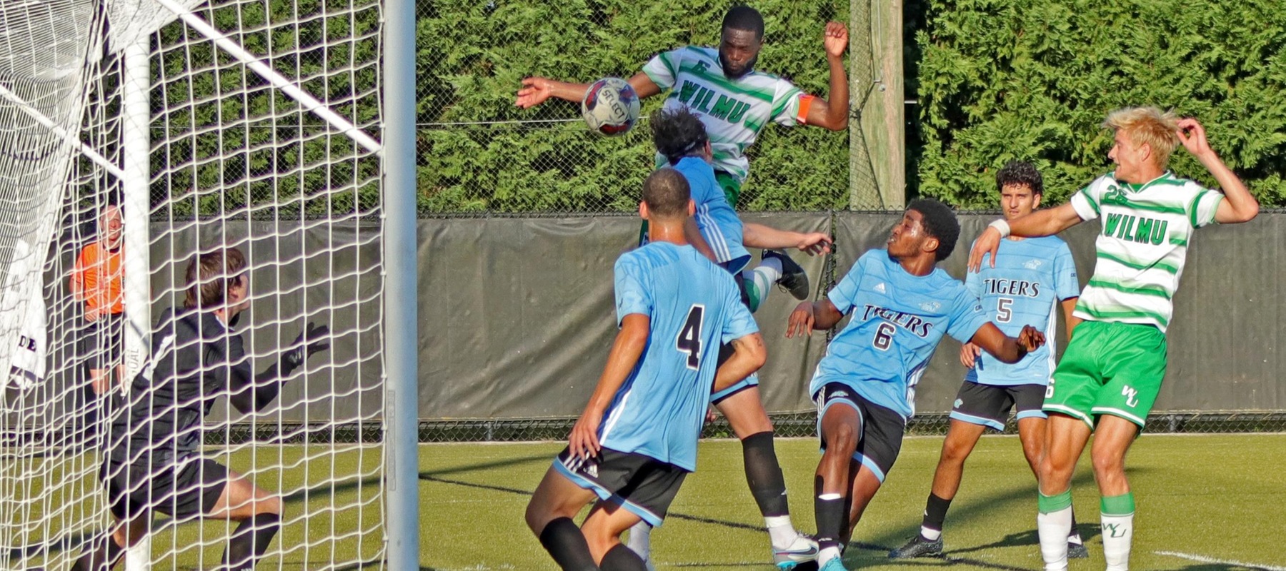 Wilmington University&rsquo;s Tyrese Small (#6) heads in the game-tying goal against Holy Family University during their NCAA Men&rsquo;s soccer match at the Wilmington University Sports complex in Newark, Delaware, October 4, 2023 . Photo By Raina Atif