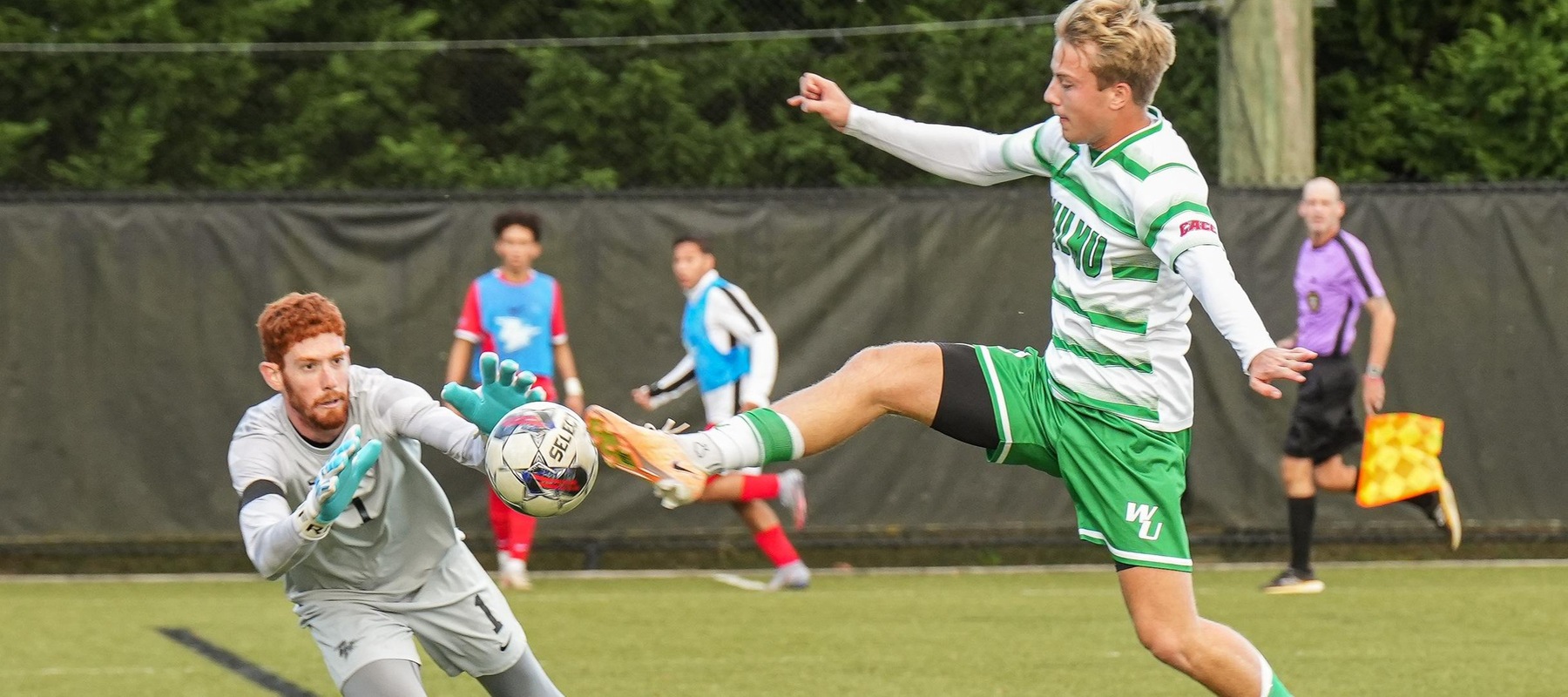 File photo of Malthe Hannesbo who scored twice at Caldwell. Wilmington University&rsquo;s Malthe Hannesbo #7 takes an athletic shot on target against Chestnut Hill During their NCAA Men&rsquo;s Soccer Match at the Wilmington University Sports complex in Newark, Delaware, October 18th, 2023 . Photo by Giovanni Badalamenti