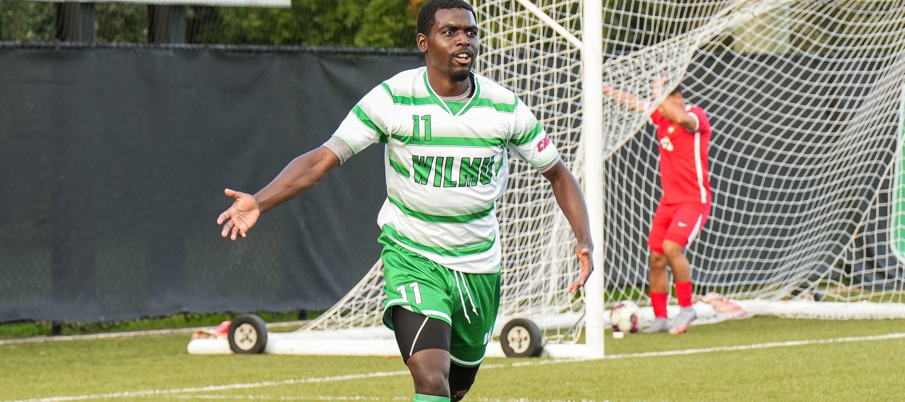 Wilmington University&rsquo;s Troy Paul (#11) celebrates his first goal against Chestnut Hill during their NCAA Men&rsquo;s Soccer Match at the Wilmington University Sports complex in Newark, Delaware, October 18th, 2023. Photo by Giovanni Badalamenti