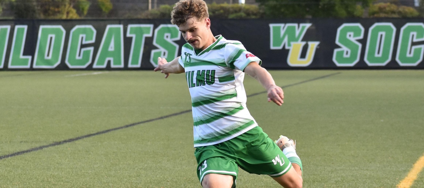 File photo of Max Norden who scored his first goal of the year against Georgian Court. Wilmington University&rsquo;s Max Norden (#13) kicks the ball towards the goal during the NCAA Men&rsquo;s soccer match against Chestnut Hill at the Wilmington University Sports Complex in Newark, Delaware, October 18, 2023. Photo By Katelyn Hurley