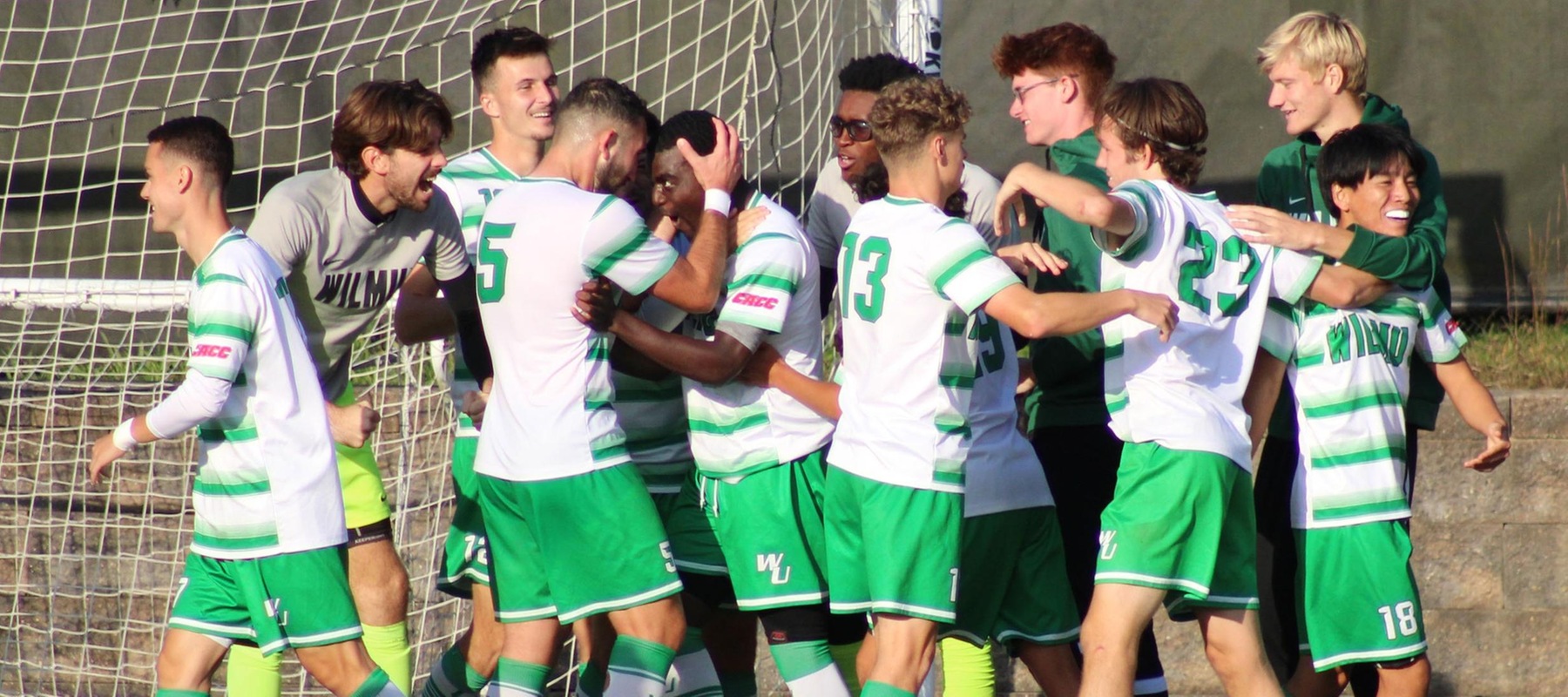 Wilmington University&rsquo;s Troy Paul (#11) Celebrates his second goal against Chestnut Hill College during their NCAA Men&rsquo;s soccer match at the Wilmington University Sports complex in Newark, Delaware, October 18th, 2023 . Photo By Zac Wallen