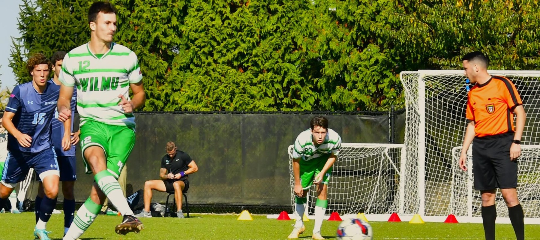 Photo of Jeremie Briquet converting the PK against Jefferson. Copyright 2023; Wilmington University. All rights reserved. Photo by James Jones. November 6, 2023 vs Jefferson in CACC First Round.