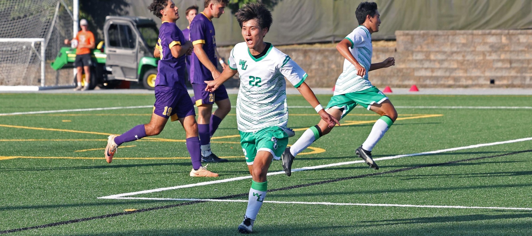 Wilmington University&rsquo;s player Tsubasa Abe (#22) celebrating his goal against West Chester University during their NCAA Mens soccer match at the Wilmington University Sports complex in Newark, Delaware, September 11, 2024 . Photo By Georgia Soares