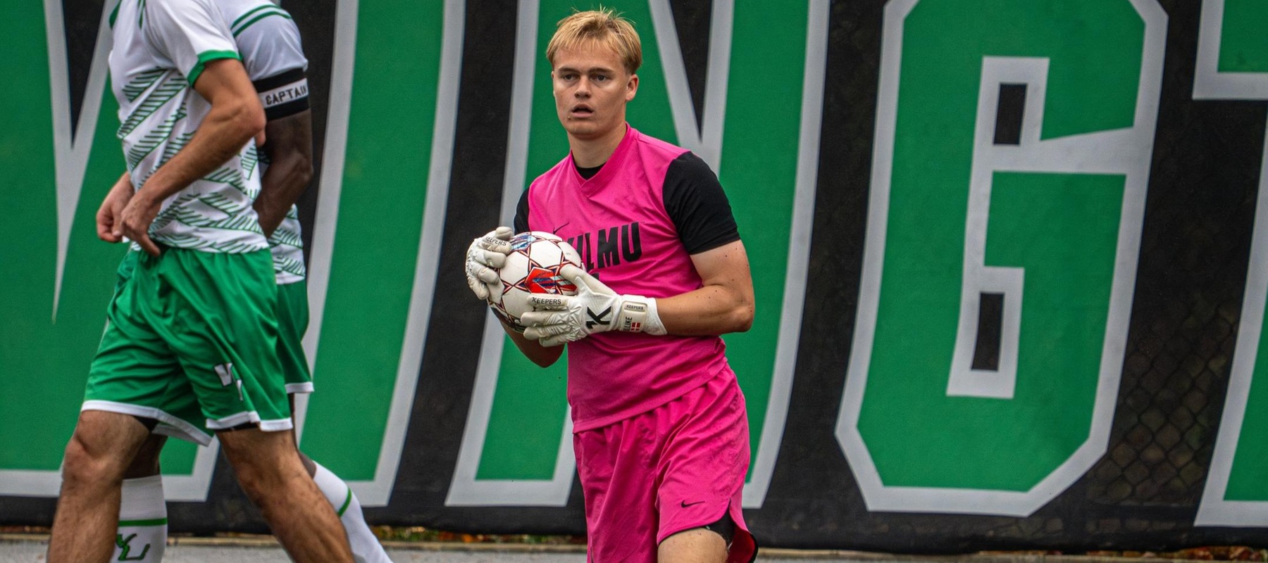 File photo of Emil Lollike who made 9 saves and converted a PK at Bridgeport. Copyright 2025; Wilmington University. All rights reserved. Photo by Giovanni Badalamenti. November 9, 2025 vs. Felician in CACC Tournament First Round.