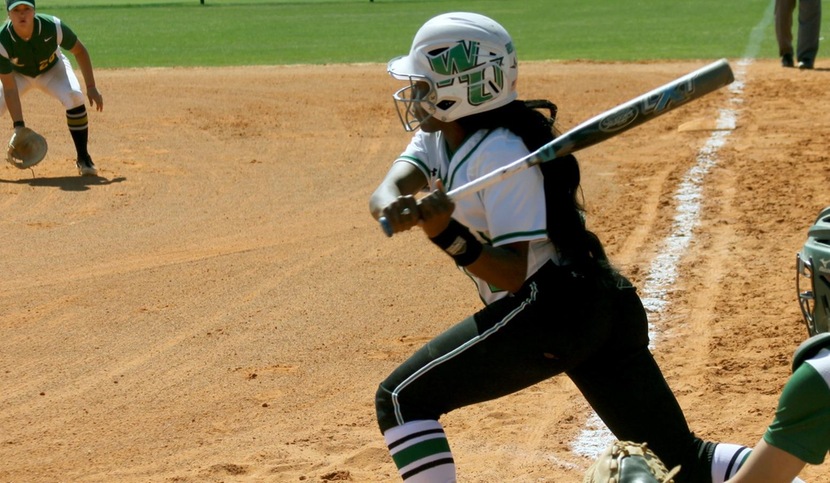 Copyright 2018; Wilmington University. All rights reserved. Photo of Rosa'Lynn Burton who went 3-for-3 with a home run against West Virginia Wesleyan and 2-for-3 against Le Moyne on Tuesday. Taken by Erin Harvey. March 6, 2018 vs. Le Moyne.