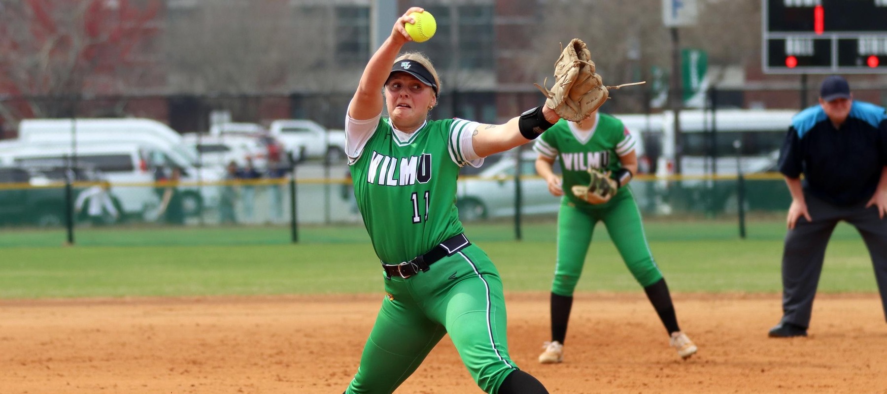 Photo of Kylee Gunkel pitching against Wingate. She improved to 2-0 in the circle with the win. Copyright 2023; Wilmington University. All rights reserved. Photo by Erin Harvey. February 25, 2023 vs. Columbus State and Wingate.