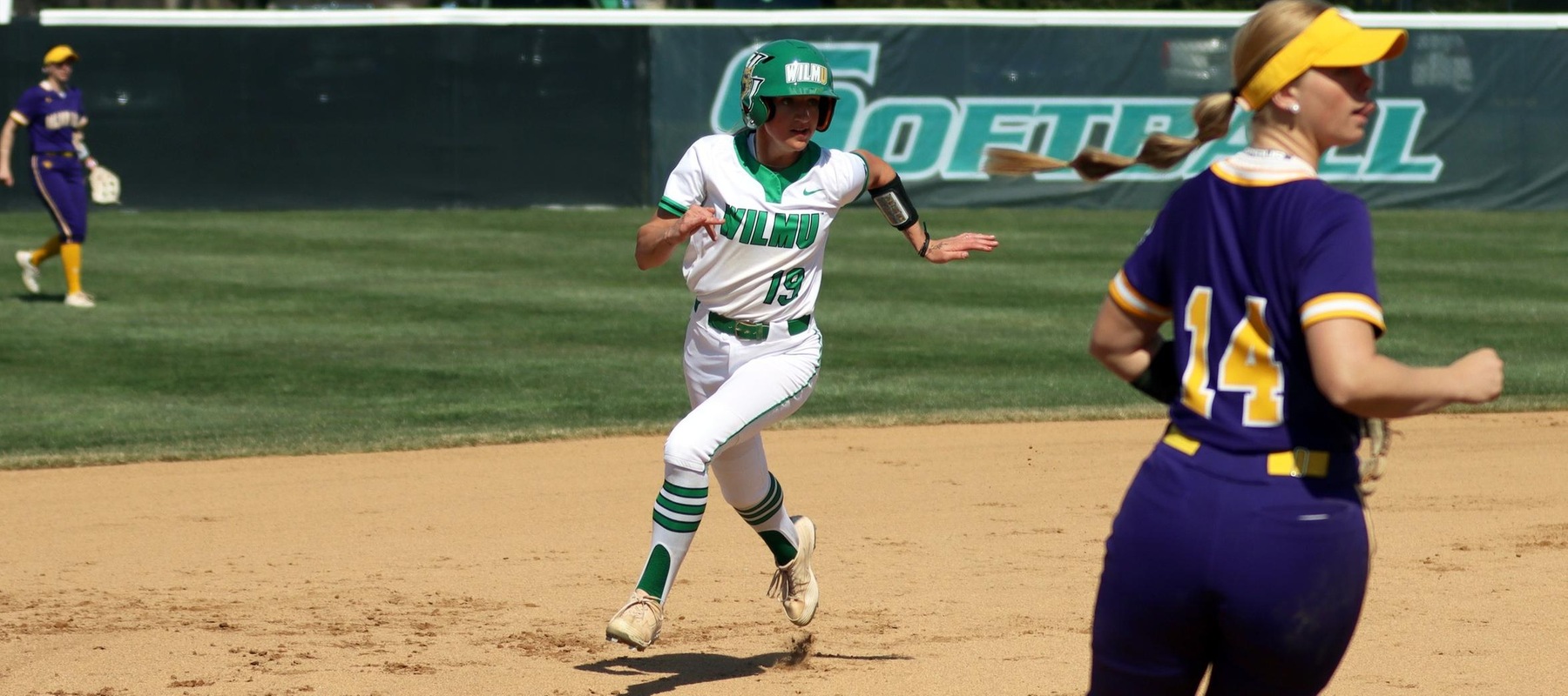 Photo of Taylor Gillis on the base paths in game one against West Chester. Copyright 2023; Wilmington University. All rights reserved. Photo by Dan Lauletta. March 22, 2023 vs. West Chester.