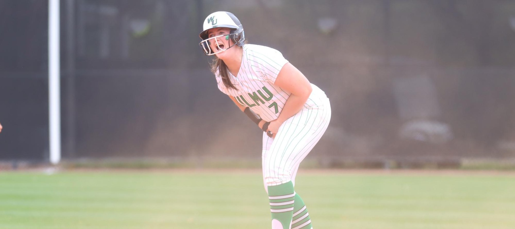 Photo of Delani Sheehan celebrating her RBI single in game one at Tampa. Copyright 2025; Wilmington University. All rights reserved. Photo by Erin Harvey. March 1, 2025 at #3 Tampa.